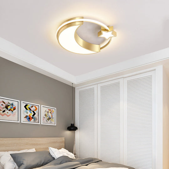 Golden Moon And Star Led Flush Mount: Nordic Acrylic Ceiling Light For Nursery