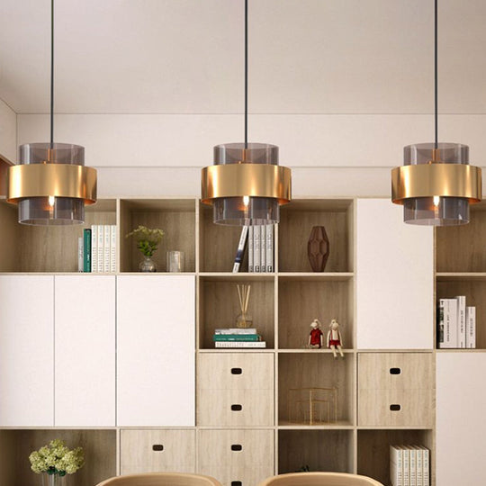Cognac Glass Pendant Light Fixture With Nordic Design And Gold Ring Guard
