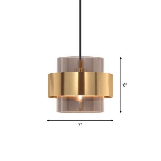 Nordic Cognac Glass Pendant Light With Gold Ring Guard