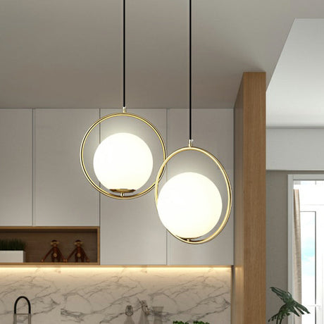 Modern Milky Glass Pendant Light With Brass Loop - Globe Dining Room Suspension Lamp 1 Bulb White
