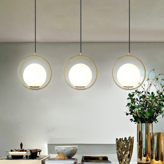 Modern Milky Glass Pendant Light With Brass Loop - Globe Dining Room Suspension Lamp 1 Bulb