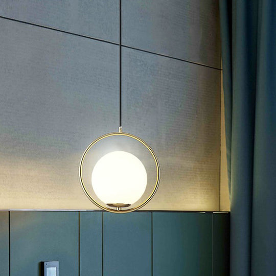 Modern Milky Glass Pendant Light With Brass Loop - Globe Dining Room Suspension Lamp 1 Bulb