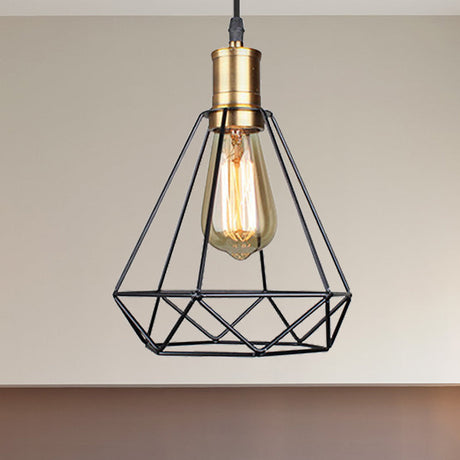 Vintage Diamond Cage Pendant Light - Iron Hanging Lamp In Brass For Living Room