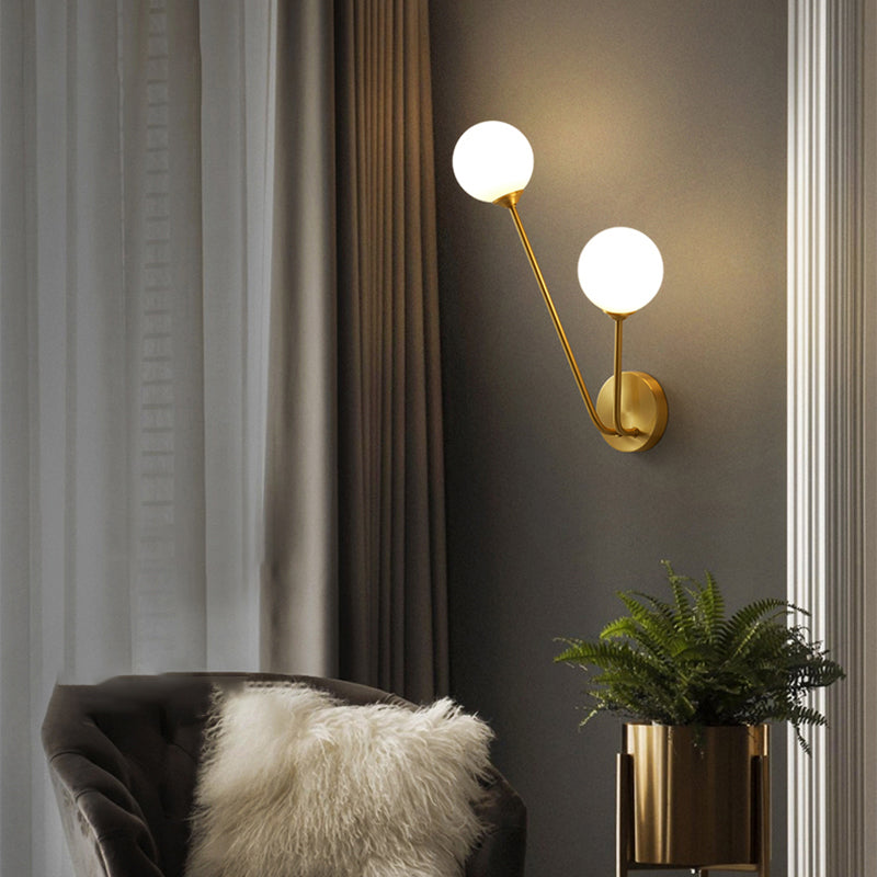 Minimalistic Brass Branch Wall Light With Ball Glass Sconce - Bedroom Lighting Fixture