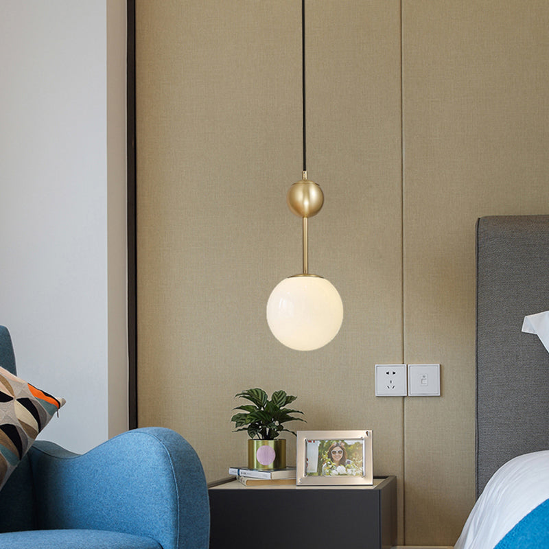 Opaline Glass Minimalist Pendant Ball Bedside Light Brass Suspension - 1-Light