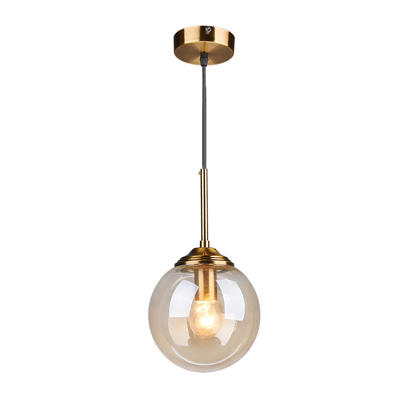Brass Bedside Pendant Light: Postmodern Blown Glass Sphere | 1-Bulb Hanging Ceiling Fixture