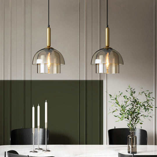 Postmodern Brass Pendant Light Fixture With Cognac Glass Shades - Ideal For Dining Rooms