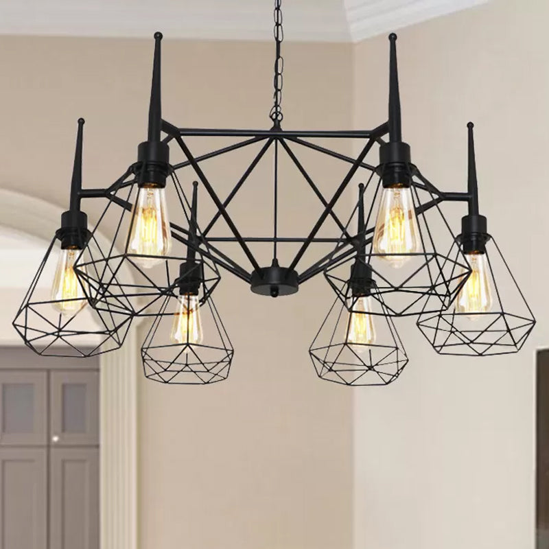 Industrial Cage Diamond Iron Chandelier Pendant Light With Adjustable Chain - Retro Multi-Light