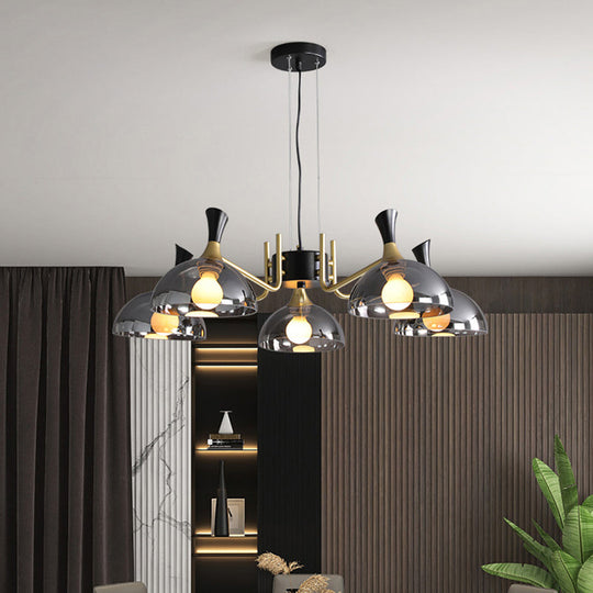 Contemporary Hanging Chandelier With Bowl Shaped Glass And Grip In Black-Brass For Restaurants