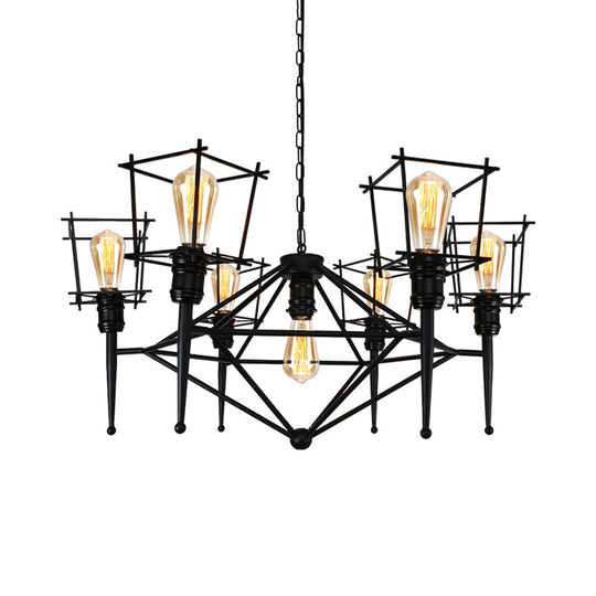 Industrial Black Iron Multi-Light Cage Pendant Chandelier For Restaurants