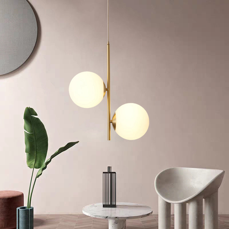 Minimalist Gold Suspension Chandelier: Opaque Glass Spherical 2-Head Light For Dining Room