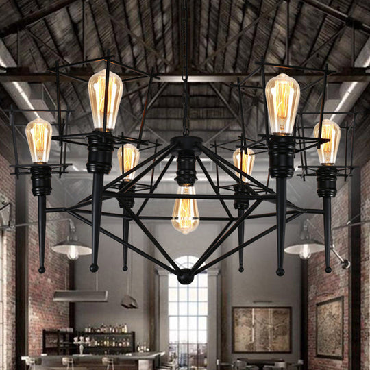Industrial Black Iron Multi-Light Cage Pendant Chandelier For Restaurants