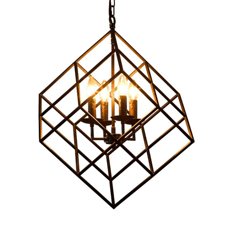Rustic Iron Chandelier Pendant With 4 Lights - Vintage Loft Hanging Lamp For Restaurants Cubic Cage