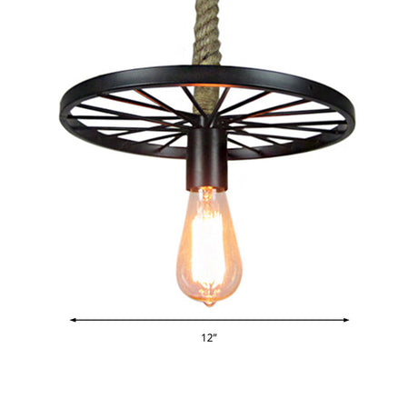 Vintage Style Wheel Pendant Light - 1 Head Metallic Ceiling Fixture In Black For Restaurants
