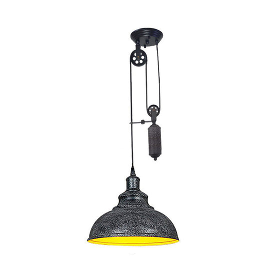Rustic Industrial Dome Pendant Lamp With Pulley - 1 Light Metal Fixture In Brown/Grey For Living