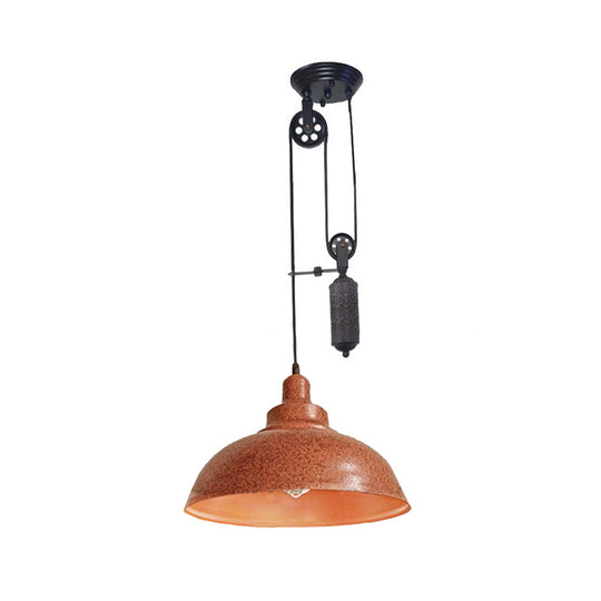 Rustic Industrial Dome Pendant Lamp With Pulley - 1 Light Brown/Grey Fixture For Living Room