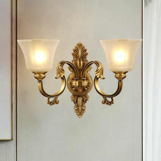 Traditional Bronze 2-Bulb Wall Sconce With Curved Arm And Bell White Glass Shade