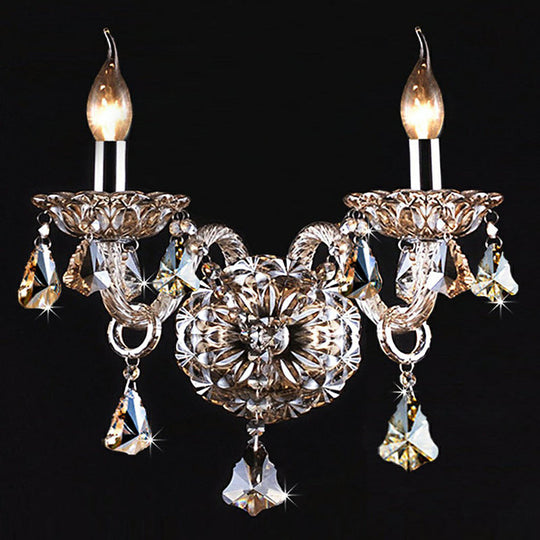 Traditional Cognac Crystal Wall Sconce Light Fixture For Bedroom - 2-Head Candle