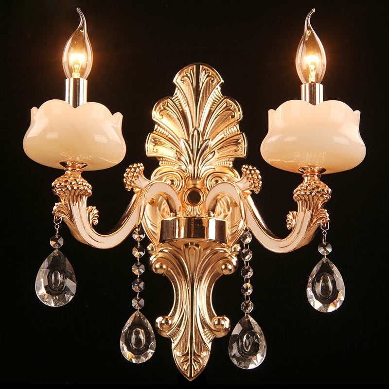 Faux Jade Candle Wall Sconce - Traditional 2-Light Gold Bedroom Lamp With Crystal Deco