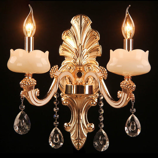 Faux Jade Candle Wall Sconce - Traditional 2-Light Gold Bedroom Lamp With Crystal Deco