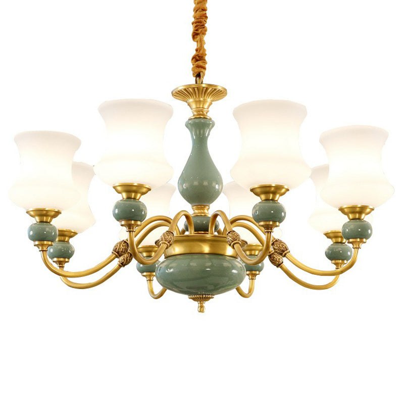 Emerald Green-Gold Retro Vase Chandelier: Opal Frosted Glass Pendant Light For Dining Room
