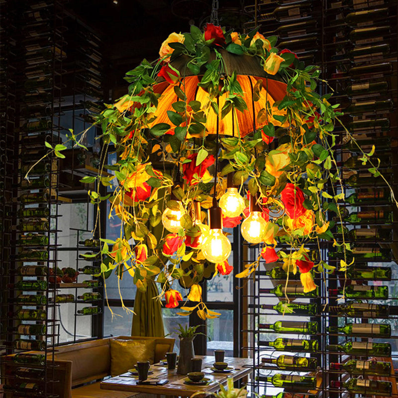 Rustic Metal Dome Chandelier - Orange 5-Bulb Pendant Lighting With Artful Floral And Leaf Design