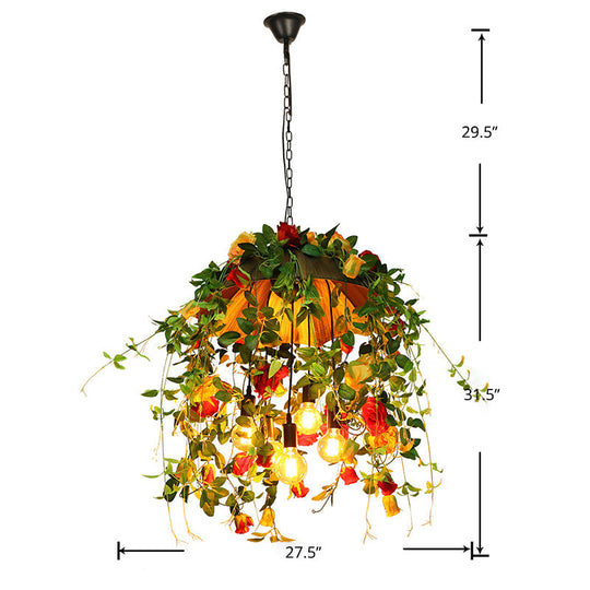 Rustic Metal Dome Chandelier - Orange 5-Bulb Pendant Lighting With Artful Floral And Leaf Design