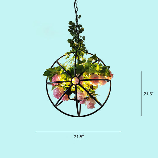 Industrial Metal Restaurant Chandelier With Artificial Plants - Suspended Lighting Green-Pink