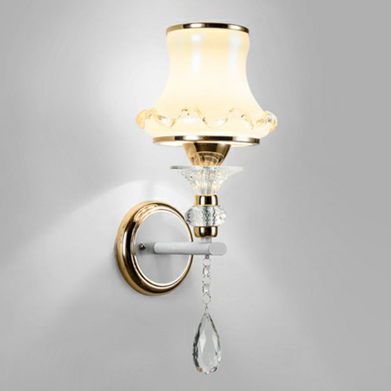 Vintage Frosted Glass Flared Wall Sconce With Crystal Accents For Living Room 1 / Champagne