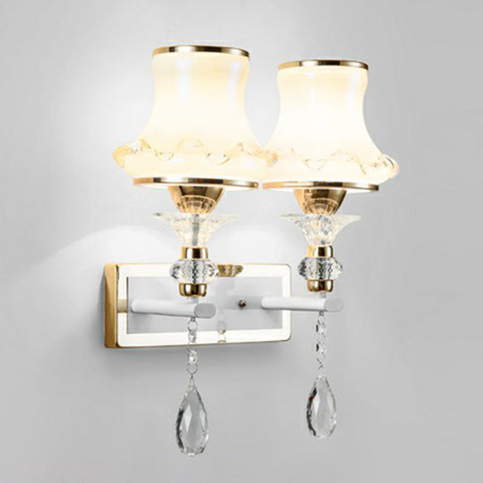 Vintage Frosted Glass Flared Wall Sconce With Crystal Accents For Living Room 2 / Champagne