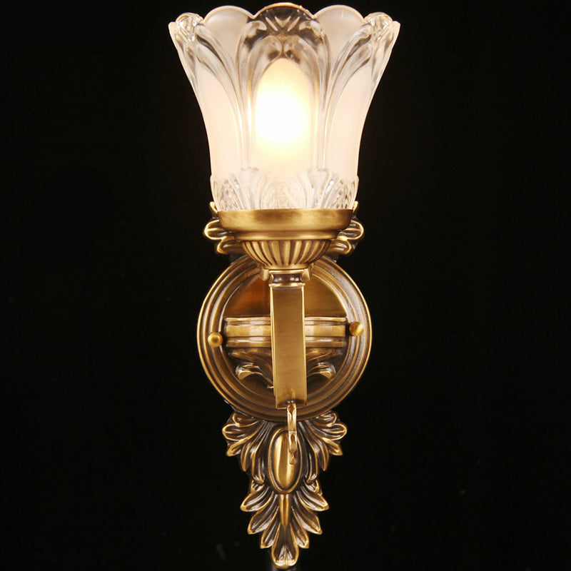 Bronze Floral Wall Sconce With Frosted White Glass - Single Bulb Light For Aisle Traditional Design
