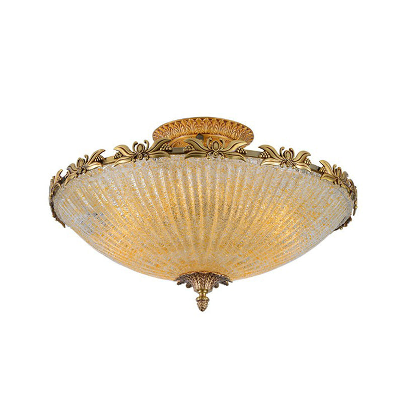 Brass Semi - Flush Antiqued Bowl Light With Clear Variegated Glass / 16.5’