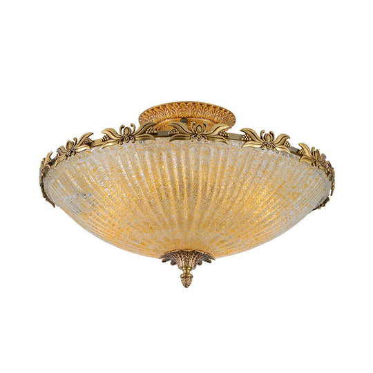 Brass Semi - Flush Antiqued Bowl Light With Clear Variegated Glass