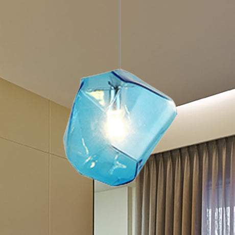 Contemporary 1-Light Glass Pendant Lighting: Faceted Grey/Orange/Purple Led Hanging Lamp Fixture For