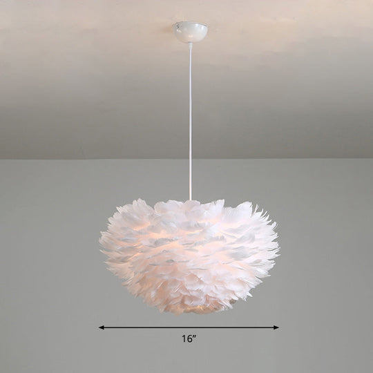 Feather Hemispherical Pendant Lamp - Minimalist White Suspension Light For Bedroom / 16’