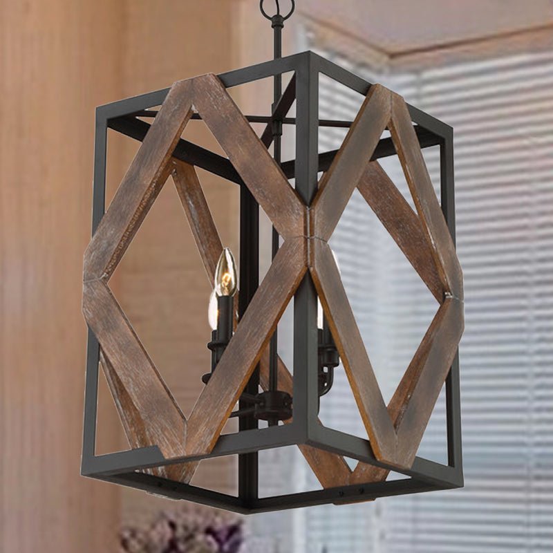 Lodge Style Black Metal Pendant Light With Wooden Rhombus Accents - 4-Light Rectangle Cage Hanging