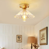 Traditionary Ribbed Glass Semi Flush Ceiling Light Fixture In Brass - Ideal For Bedroom