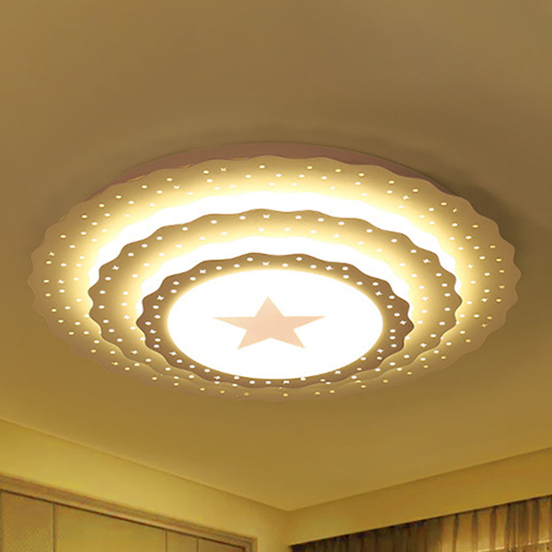 Modern White Metal Ceiling Lamp: Hollow Cake Shape Design With Starry Led Lighting For Bedrooms