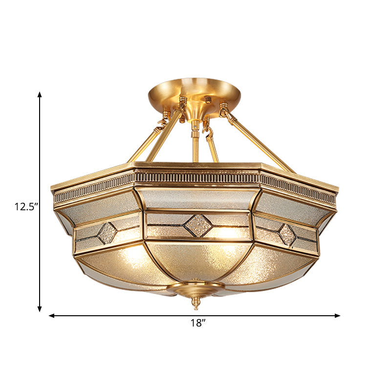 Traditional Octagon Semi Flush Ceiling Light - Textured Glass Brass Finish Ideal For Bedroom