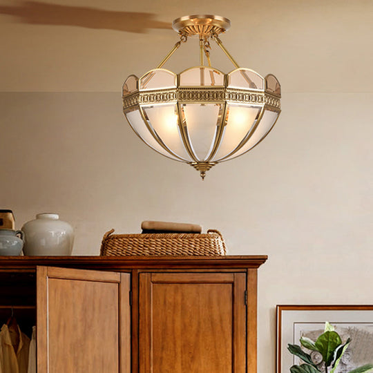 Traditional Brass 4 - Bulb Umbrella Semi Flush Mount Ceiling Light Fixture With Frosted Glass