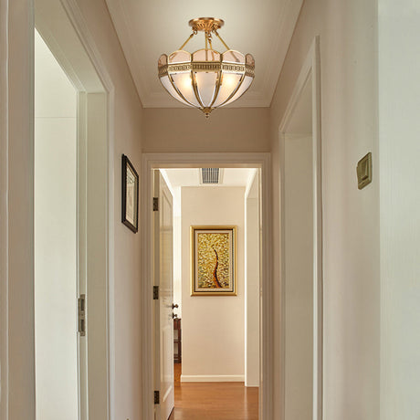Traditional Brass 4-Bulb Umbrella Semi Flush Mount Ceiling Light Fixture With Frosted Glass