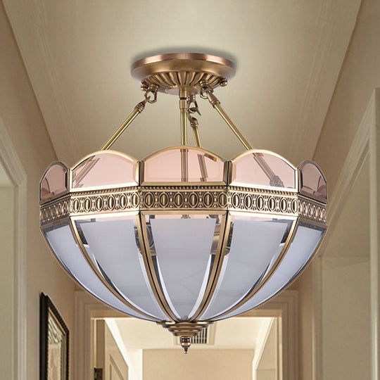 Traditional Brass 4 - Bulb Umbrella Semi Flush Mount Ceiling Light Fixture With Frosted Glass