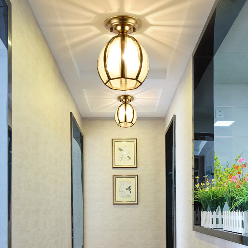 Traditional Brass Frosted Glass Semi Flush Mount Light For Living Room Ceiling
