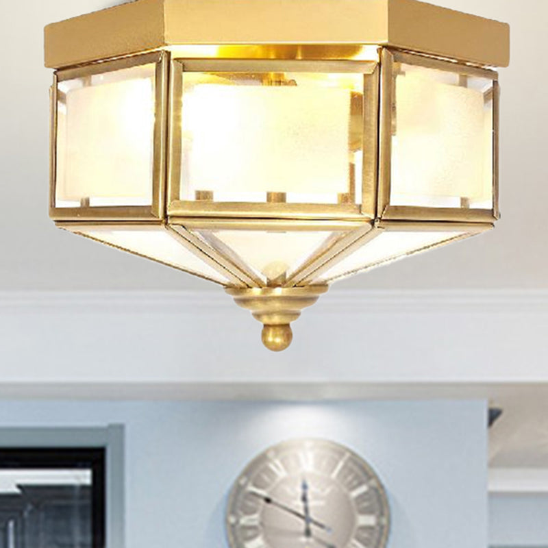 Geometric Flush Light Fixture With Frosted Glass In Brass - Ideal For Balcony Or Ceiling Mounting