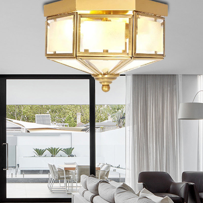 Geometric Flush Light Fixture With Frosted Glass In Brass - Ideal For Balcony Or Ceiling Mounting