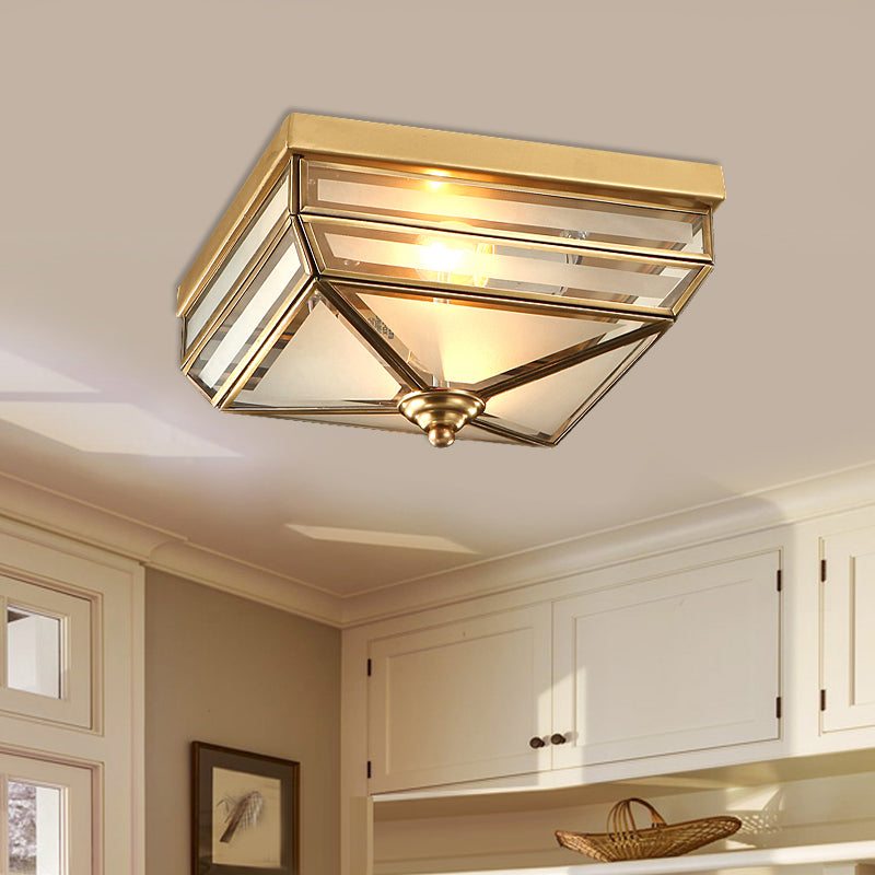 Brass Flush Mount Ceiling Light Fixture For Dining Room - Tradition Rectangle Design Frosted Opal