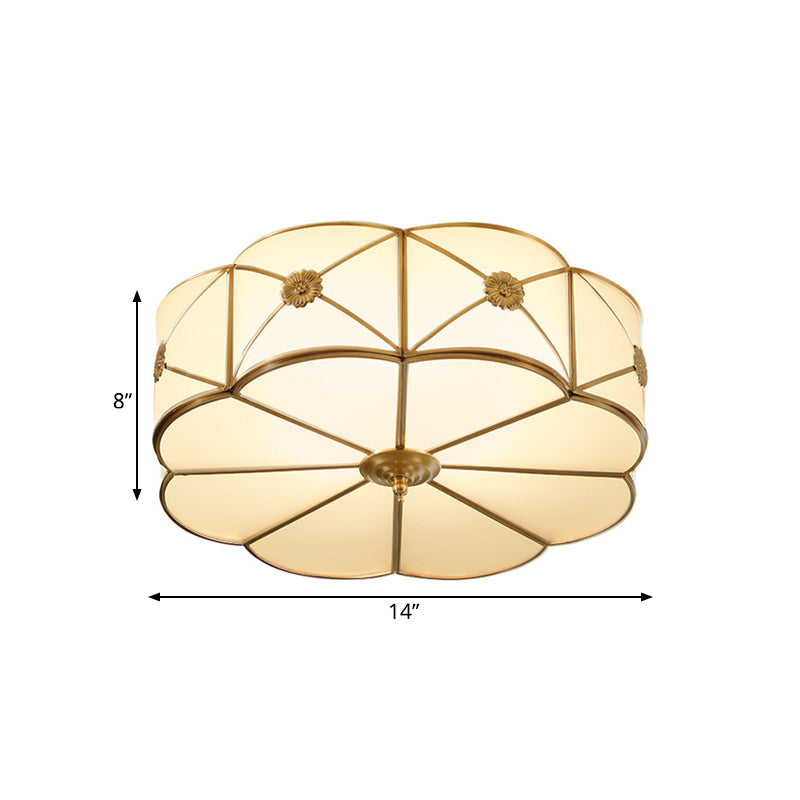 Traditional 1-Tiered White Glass & Gold Flush Mount Chandelier - 3/4/6 Bulbs (14/18/23.5 Width)
