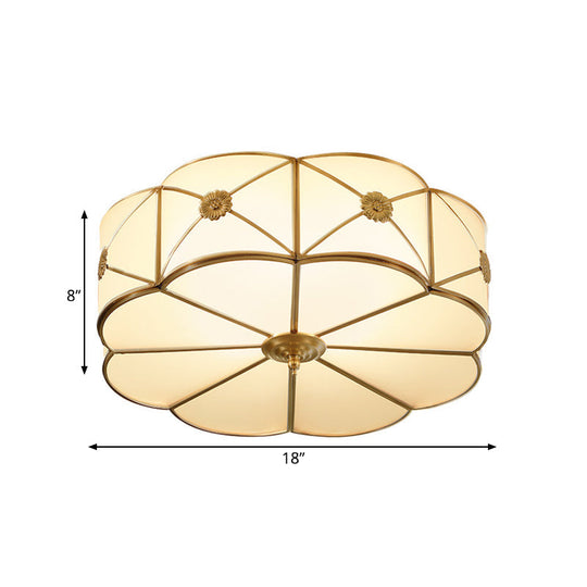 Traditional 1-Tiered White Glass & Gold Flush Mount Chandelier - 3/4/6 Bulbs (14’/18’/23.5’ Width)
