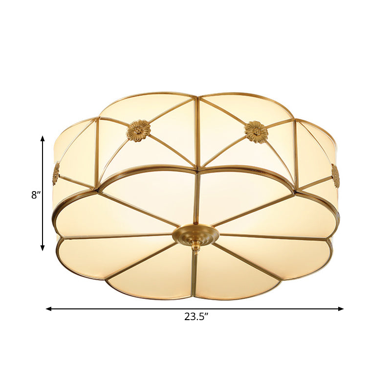 Traditional 1-Tiered White Glass & Gold Flush Mount Chandelier - 3/4/6 Bulbs (14/18/23.5 Width)