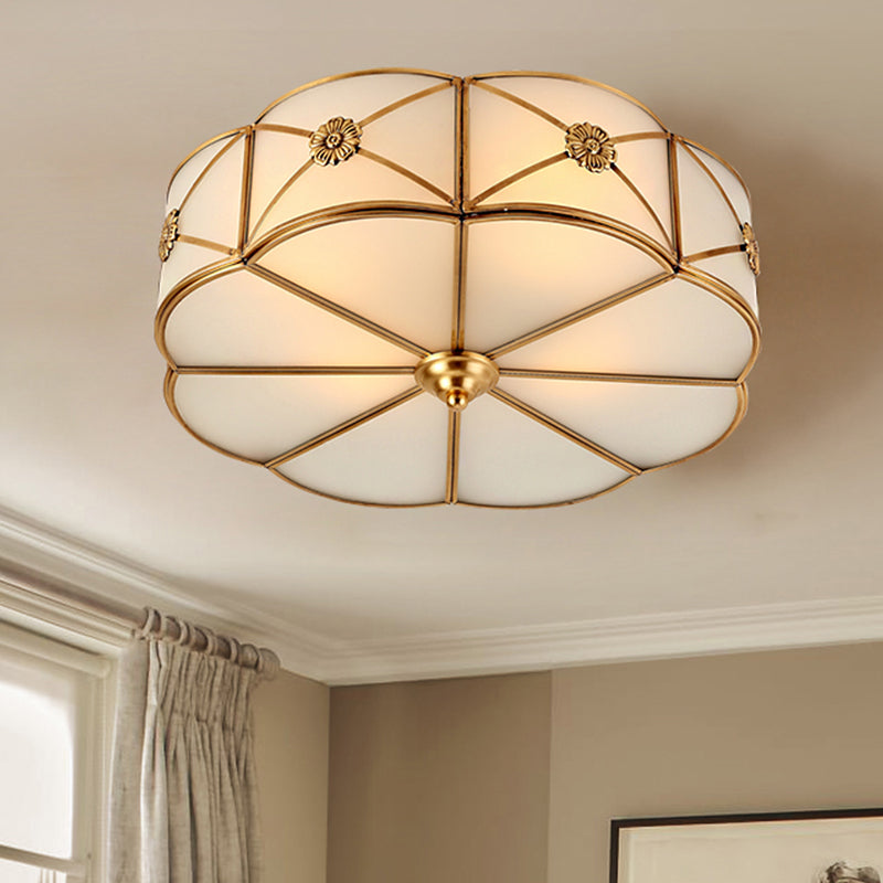 Traditional 1-Tiered White Glass & Gold Flush Mount Chandelier - 3/4/6 Bulbs (14/18/23.5 Width) / 14